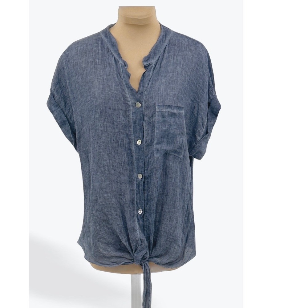 Scandal Made in Italy Linen Top Women's Medium Blue Button Down Tie Front